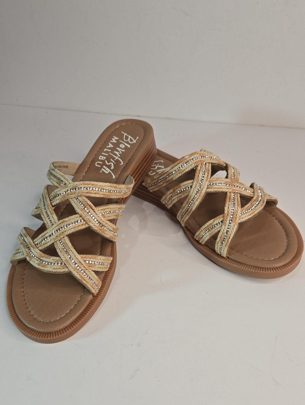 Blowfish Woven Tan and Gold Slide Sandals